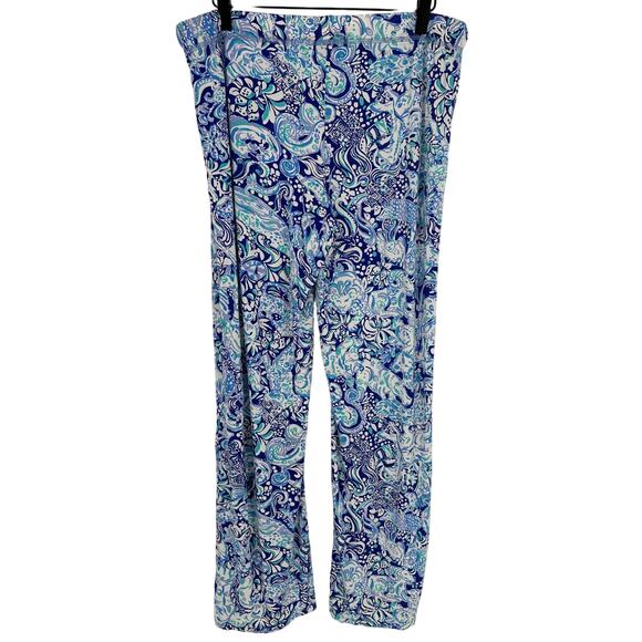 Lilly Pulitzer Blue Pink Paisley Straight Leg Pants Tie Waist Relaxed Stretch L - Picture 2 of 7